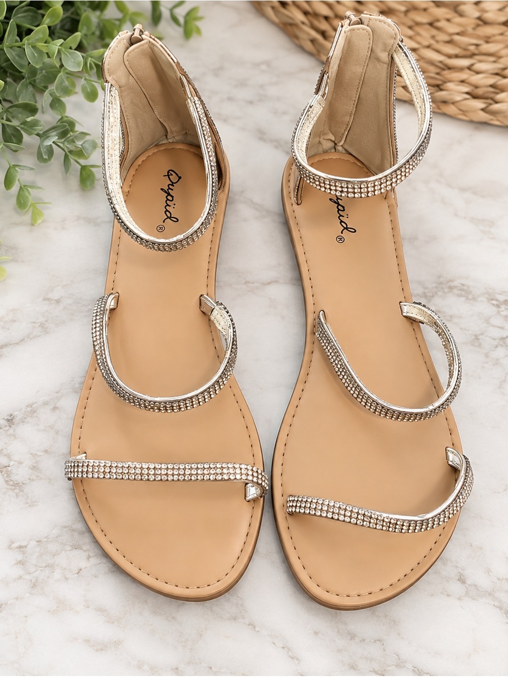Qupid Women's  Rhinestone Strappy Flat Sandals x
